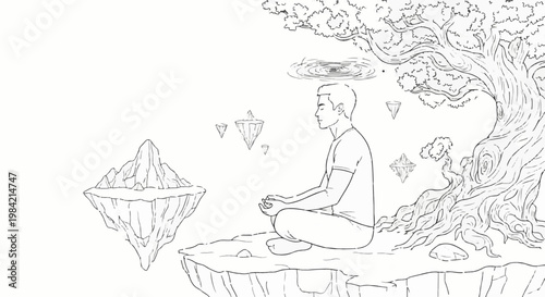 Man meditating on floating island under tree, surrounded by other floating islands