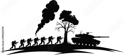 Soldiers and tank on a battlefield with smoke