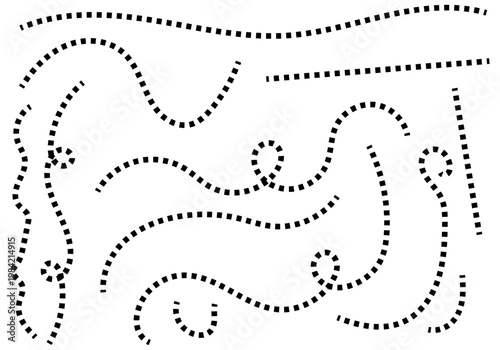 Colección de diversas líneas punteadas o discontinuas negras con formas curvas y onduladas
