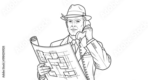 Man in a suit holding blueprints and talking on the phone.