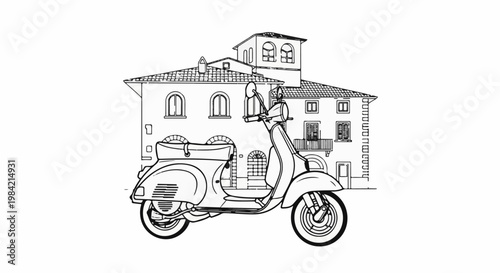 Line drawing of a vintage scooter parked in front of an old European building