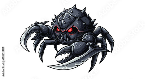 Menacing black spider crab mascot illustration, adorned with sharp spikes and featuring intense glowing red eyes with blade-like claws.