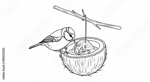 Line drawing of a small bird eating seeds from a coconut feeder suspended by a branch