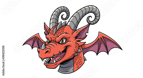 Detailed illustration of a fierce red dragon head with large horns, wings, and an intense gaze on a white background.