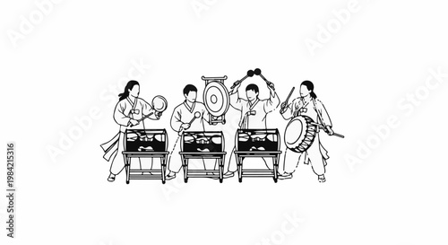 Line art of people in traditional clothing playing drums and a gong