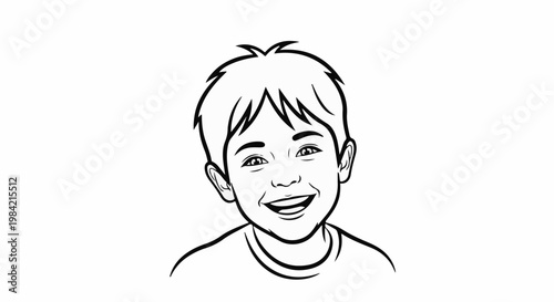 Line art portrait of a smiling boy with tousled hair