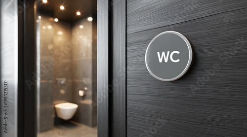 Modern bathroom door with round wc sign and blurred interior