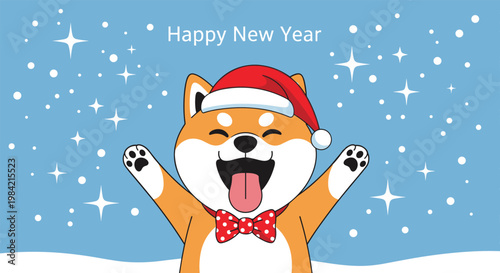 Happy Shiba Inu dog wearing a red Santa hat and polka dot bow tie celebrating the new year in a snowy winter landscape background.