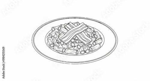 Line drawing of pasta with bacon on a plate