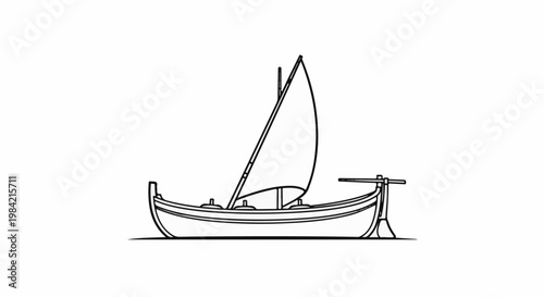 Line art sketch of a small sailing vessel with a single sail and oars