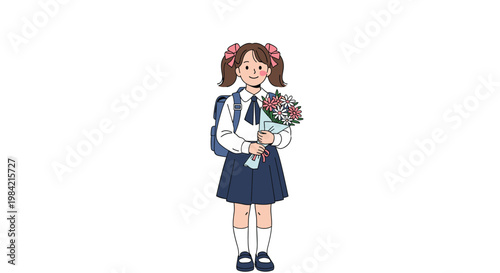 Young school girl in a uniform with pigtails and a backpack holding a beautiful bouquet of spring flowers on a plain white background.