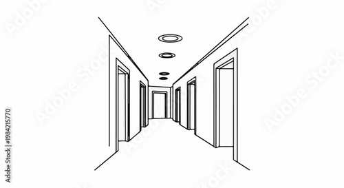 Linear perspective drawing of a long hallway with multiple doors and ceiling lights