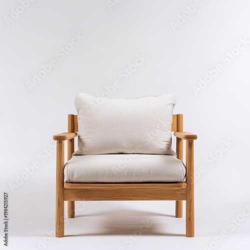 A modern, light-wood armchair with beige cushions sits against a clean white background, showcasing a minimalist and comfortable design.