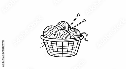 Line drawing of a basket filled with balls of yarn and knitting needles