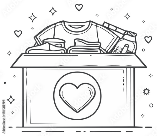 Donation box filled with clothes and shoes, decorated with hearts and stars