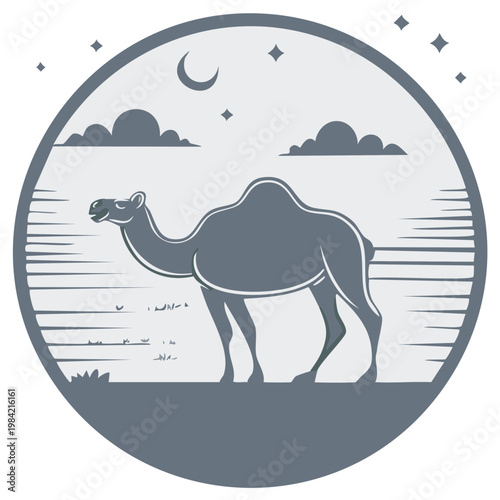 Camel Standing in Desert Landscape at Night with Moon and Stars in a Circle Illustration