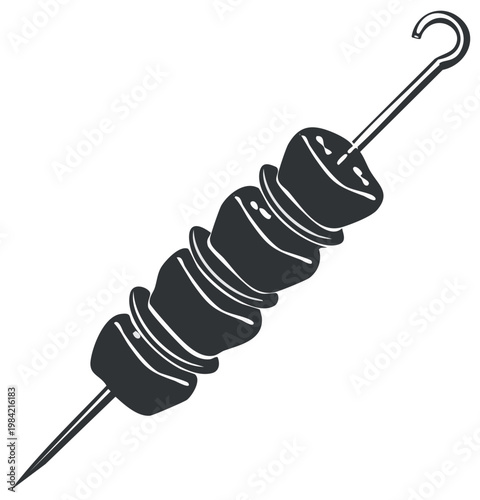 Illustration of kebab, shashlik or souvlaki on a skewer. Monochrome drawing of grilled meal with meat, icon style