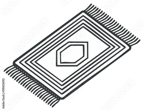 Linear Illustration of a Decorative Rug with Geometric Center, Lines, and Tassels