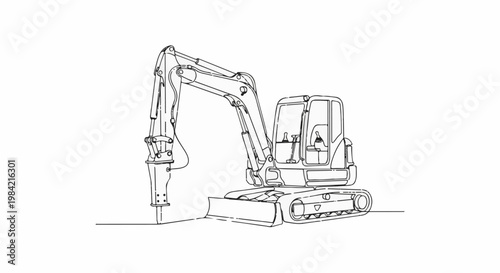 Line drawing of a compact excavator with a hydraulic breaker attachment