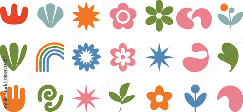 Vibrant collection of abstract and nature-themed icons in a retro style