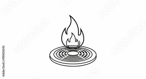 Line art of a burner with a flame on a white background
