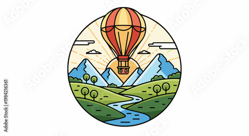 Hot air balloon ascends over a picturesque valley with mountains