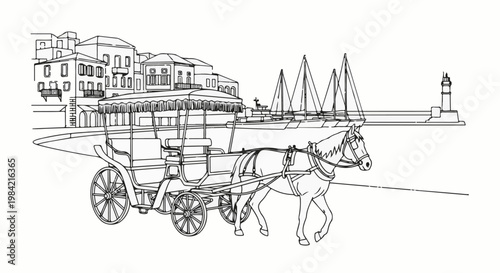 Horse-drawn carriage in a coastal town with boats and a lighthouse