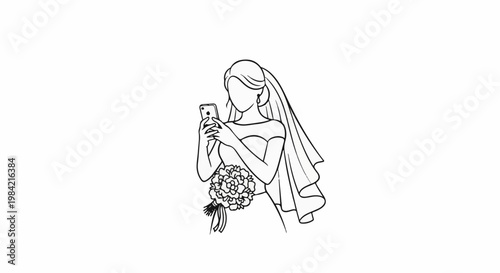 Line art of a bride in a wedding dress with veil holding a phone