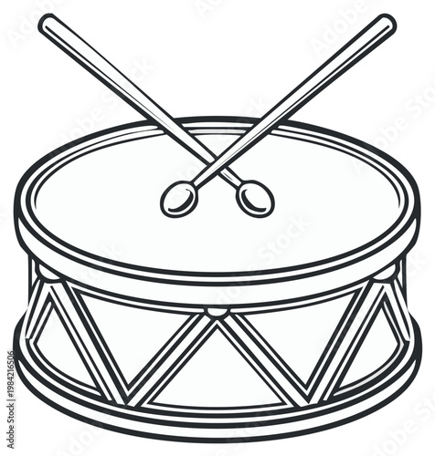 Detailed Drum and Sticks Illustration Musical Instrument Black and White