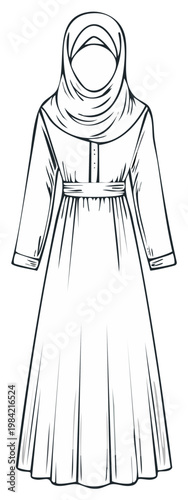 Elegant long sleeve abaya dress illustration with headscarf and belted waistline