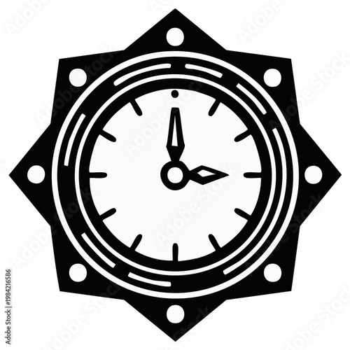 Stylized Clock Icon with Hands and Hour Markers set in Pointed Star