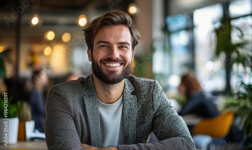 Smiling Man with Beard in Modern Cafe Setting
