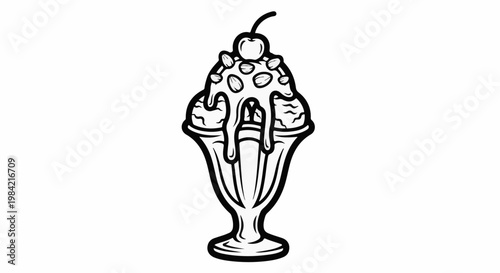 Ice cream sundae with cherry and nuts in a clear glass dish