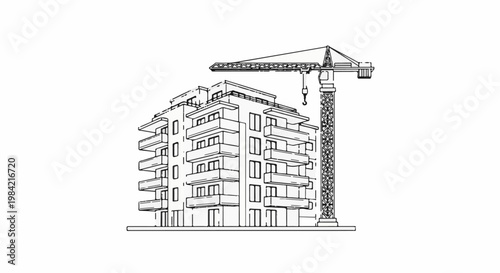 Line drawing of a building under construction with a crane
