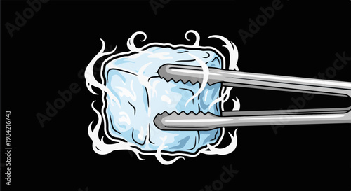 Ice cube held by tongs with wisps of steam against black background