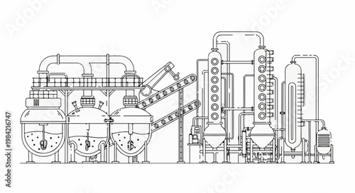Industrial processing plant with tanks, pipes, and distillation columns