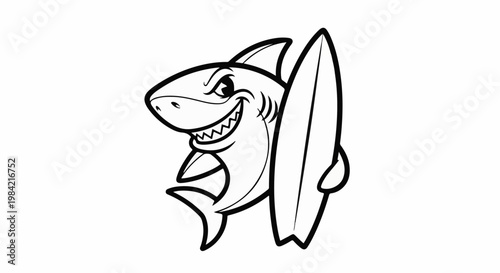 Grinning cartoon shark holding a surfboard, ready to ride waves