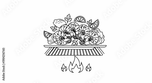 Grilled shrimp with lemon slices and herbs over a stylized grill with flames