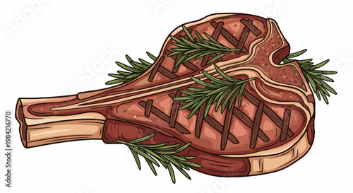 Grilled bone-in steak with rosemary sprigs and crosshatch grill marks