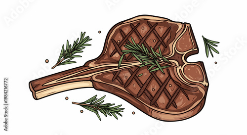Grilled lamb chop with rosemary and peppercorns on white background
