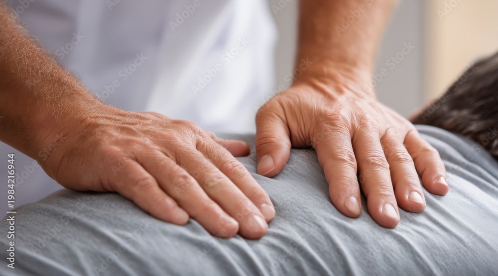 Fototapeta premium Masseur hands performing therapeutic back massage on male patient