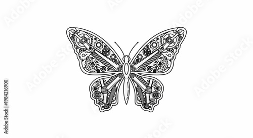 Intricate mechanical butterfly with gears and springs, detailed line art