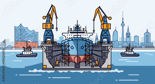 Industrial harbor scene with a large ship in dry dock being worked on