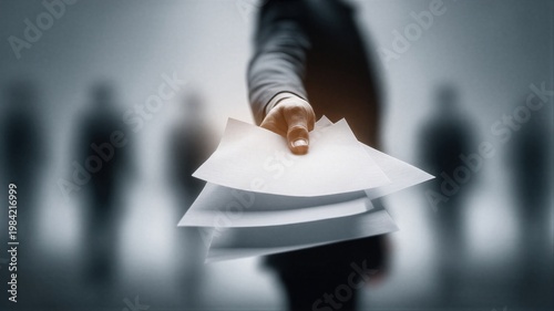 Man in suit handing over stack of blank white paper documents. Corporate employee trapped in office slavery and burnout. Symbol of bureaucracy, workload overload and exhausting routine.