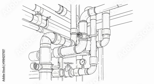 Intricate network of pipes with valves and gauges, detailed illustration