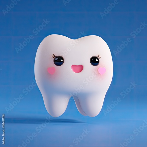 A charming, cartoon-style tooth with rosy cheeks and endearing eyes floats against a vibrant blue backdrop.