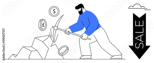 Cryptocurrency, financial markets, economic downturn, mining concept, currency value, business strategy. Man using pickaxe to mine coins with a large sale arrow. Cryptocurrency and financial markets