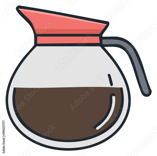 Glass coffee pot with dark brew and pink lid, modern flat design