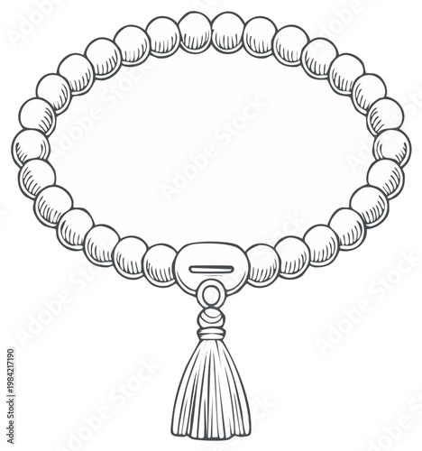 Spiritual mala beads bracelet with decorative tassel. Hand drawn sketch illustration of prayer beads.