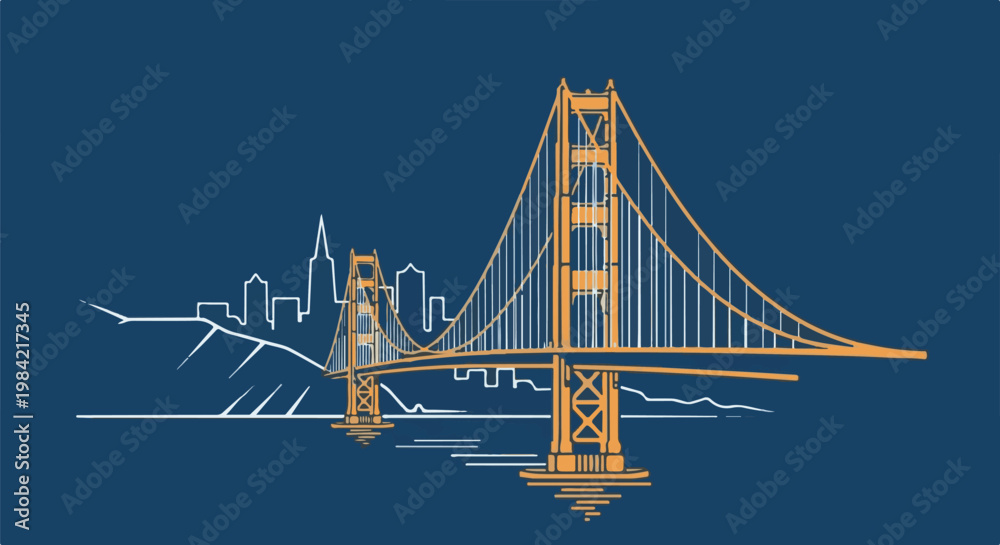 Obraz premium Iconic orange suspension bridge with city skyline silhouette